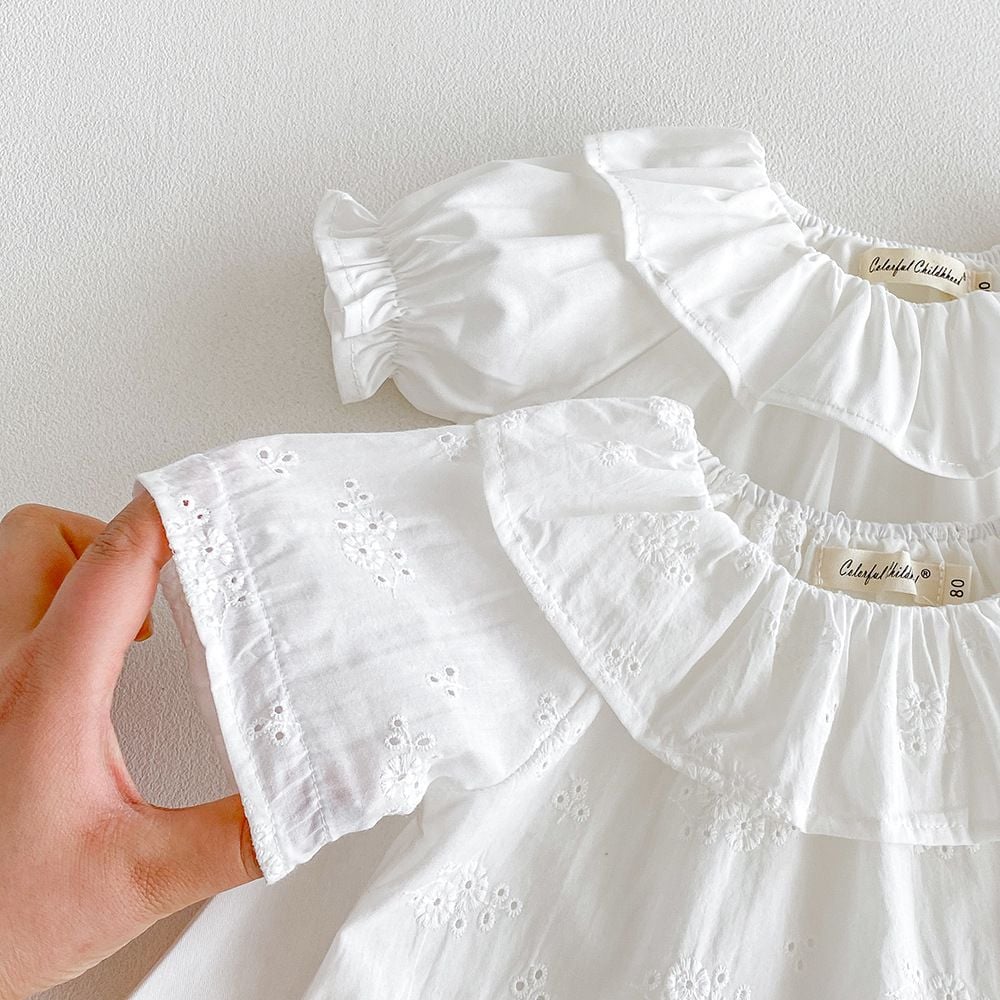 Baby Girl White Cotton T‑Shirt Cute Ruffle Collar Puff Short Sleeve Breathable Kids Top