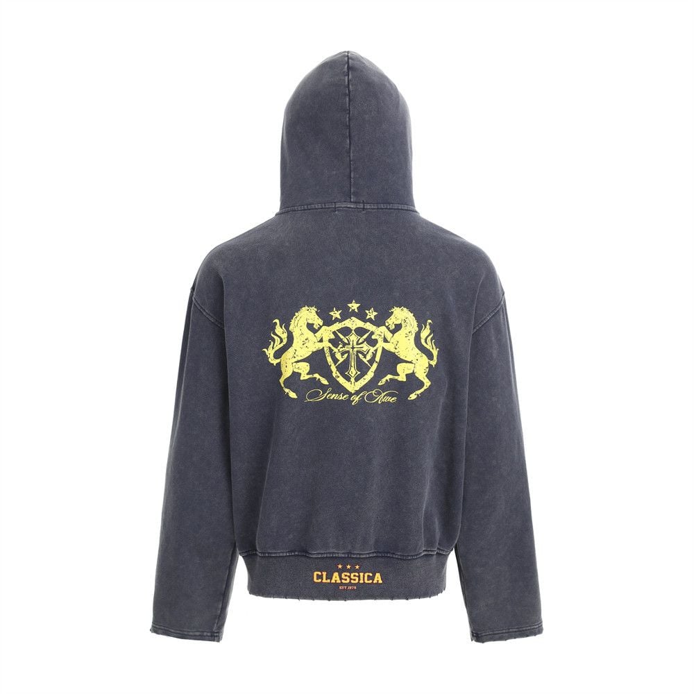 Men Streetwear Zip‑Up Hoodie Jacket, Vintage Print with Distressed Abrasion Finish, Casual Sport Sweatshirt for Spring Autumn