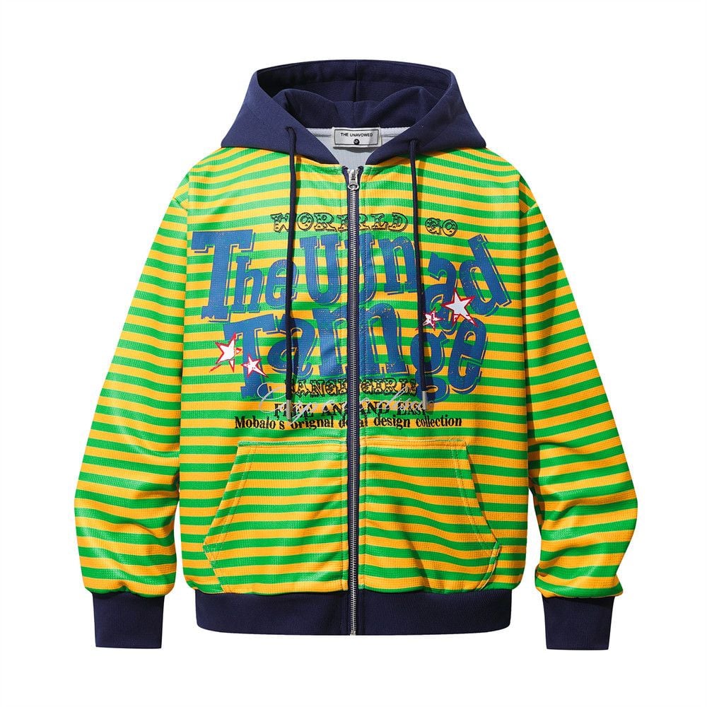 Men American‑Style Striped Letter Print Zip‑Up Hoodie, Loose Street‑wear Casual Sweatshirt Jacket for Spring and Autumn