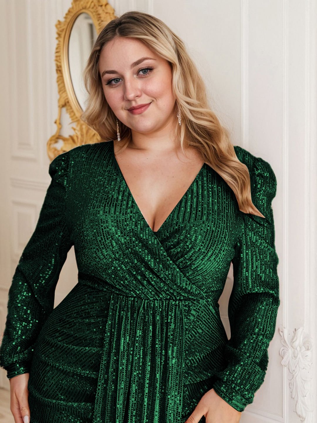 Plus Size Women V-Neck Long Sleeve Split Sequin Elegant Dress