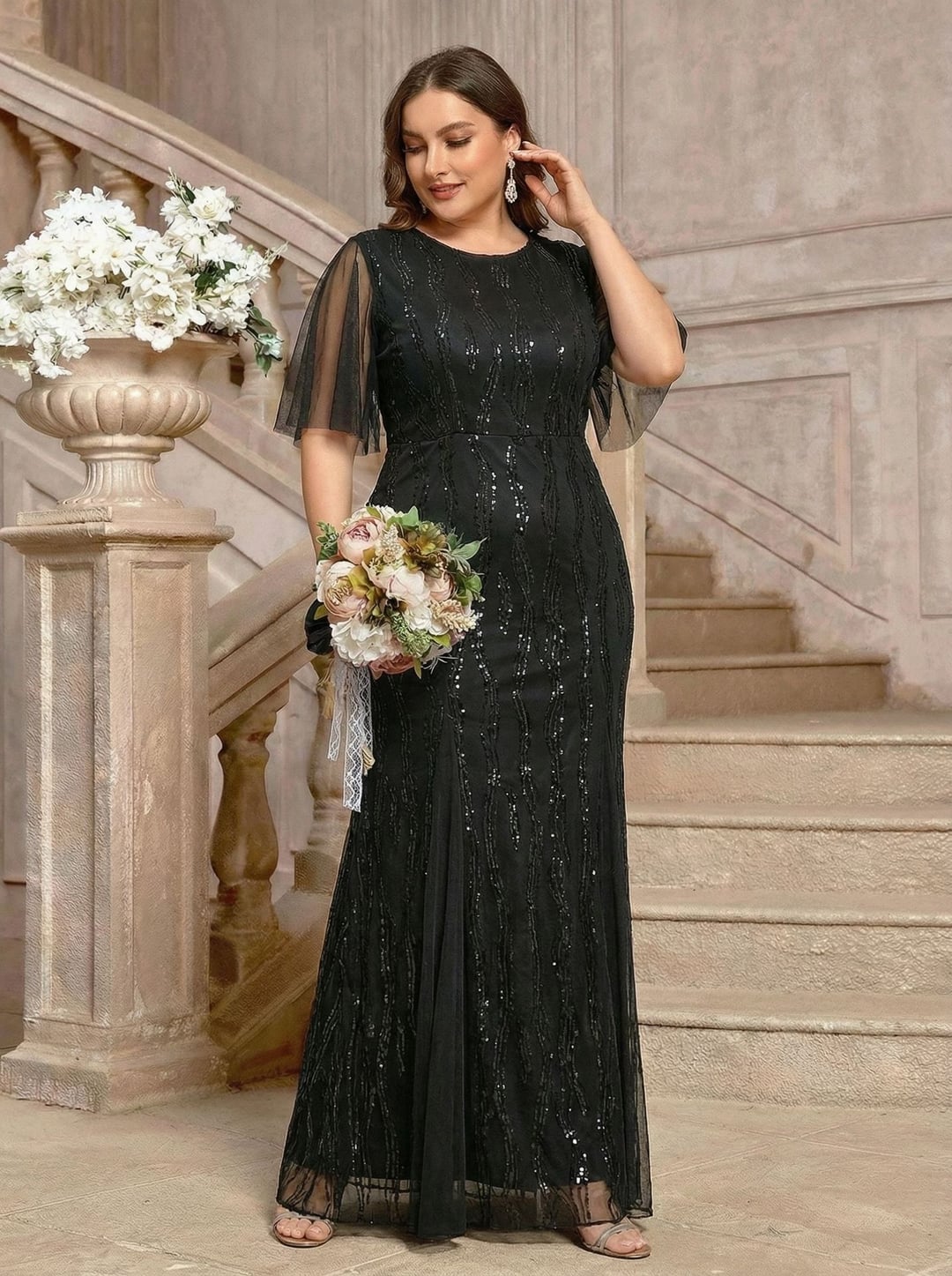 Plus Size Elegant Round Neck Short Sleeve European Style Evening Dress