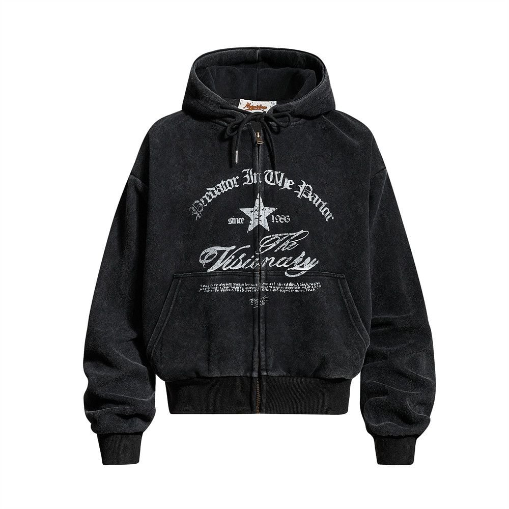 Men Vintage Distressed Letter Print Cropped Zip‑Up Hoodie, Loose Casual Sports Outerwear for Spring Autumn