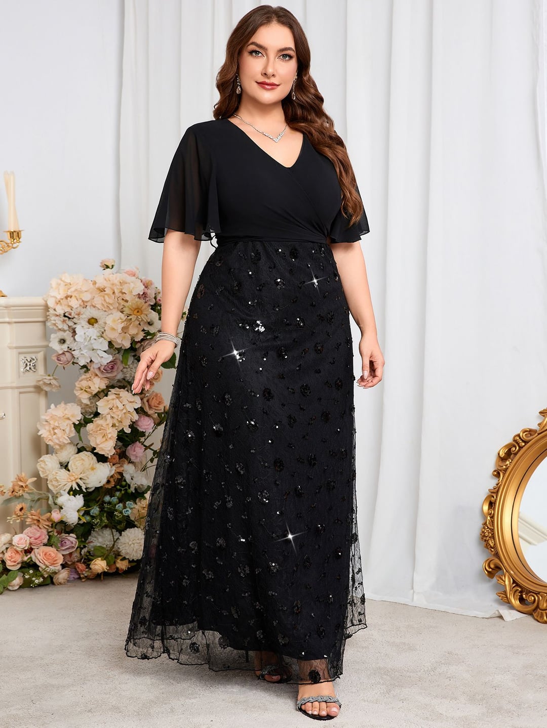 Sequin Chiffon Bridesmaid Dress Short Sleeve Waist Evening Gown