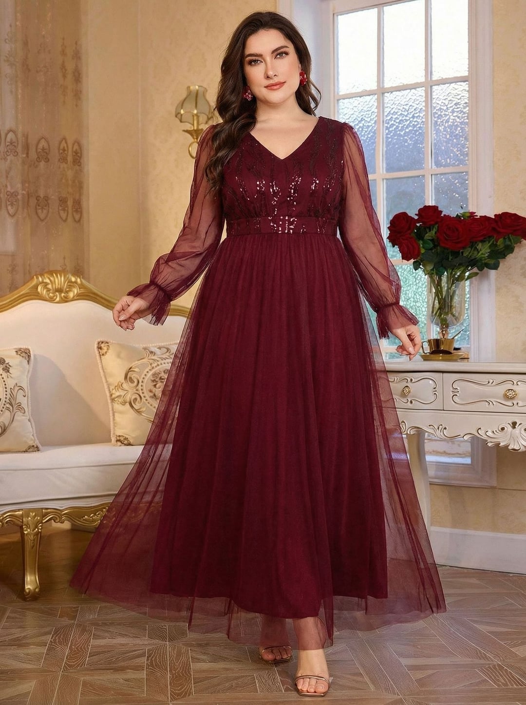 Elegant Plus Size V-Neck Long Sleeve Mesh Sequin Formal Evening Gown