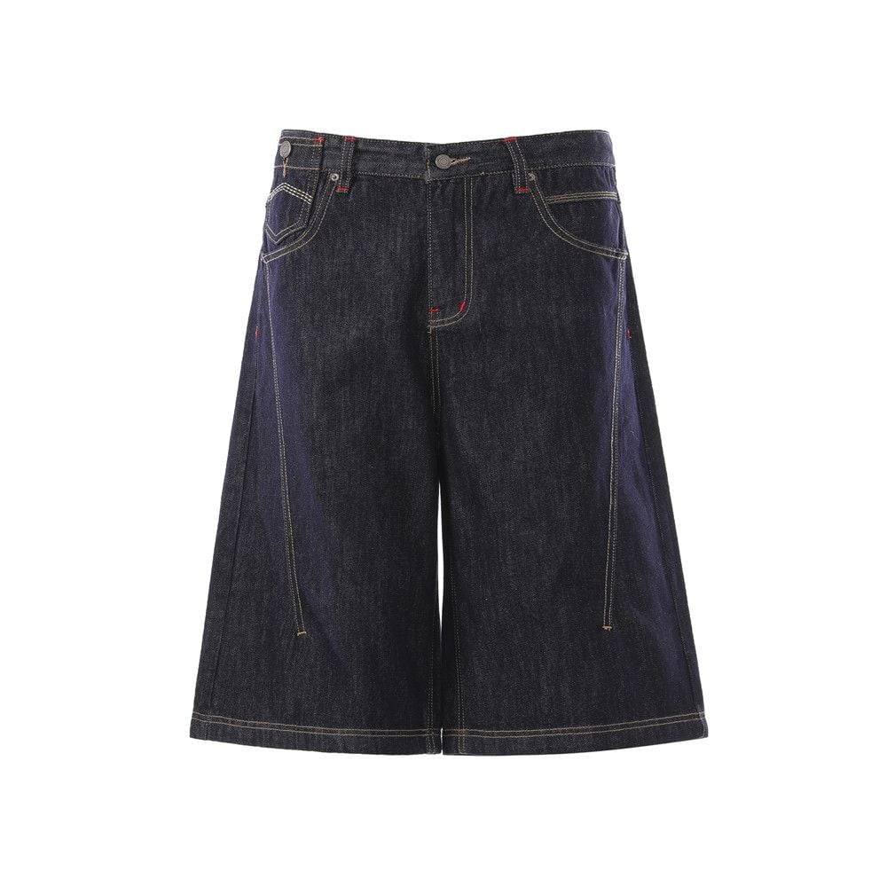 Men’s Summer Loose Denim 7‑Point Shorts, High‑Street Streetwear Brand, Statement Topstitching On Back Pockets, Straight‑Cut Wide‑Leg Cargo Shorts