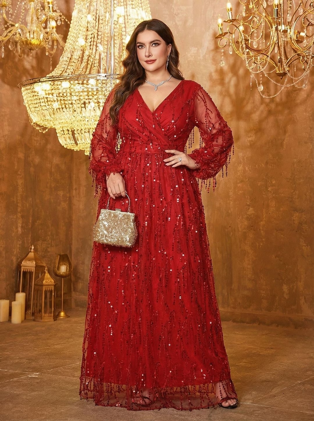 Plus Size Women Dress, European American V-Neck Long Sleeve Slit Sequin Elegant Style