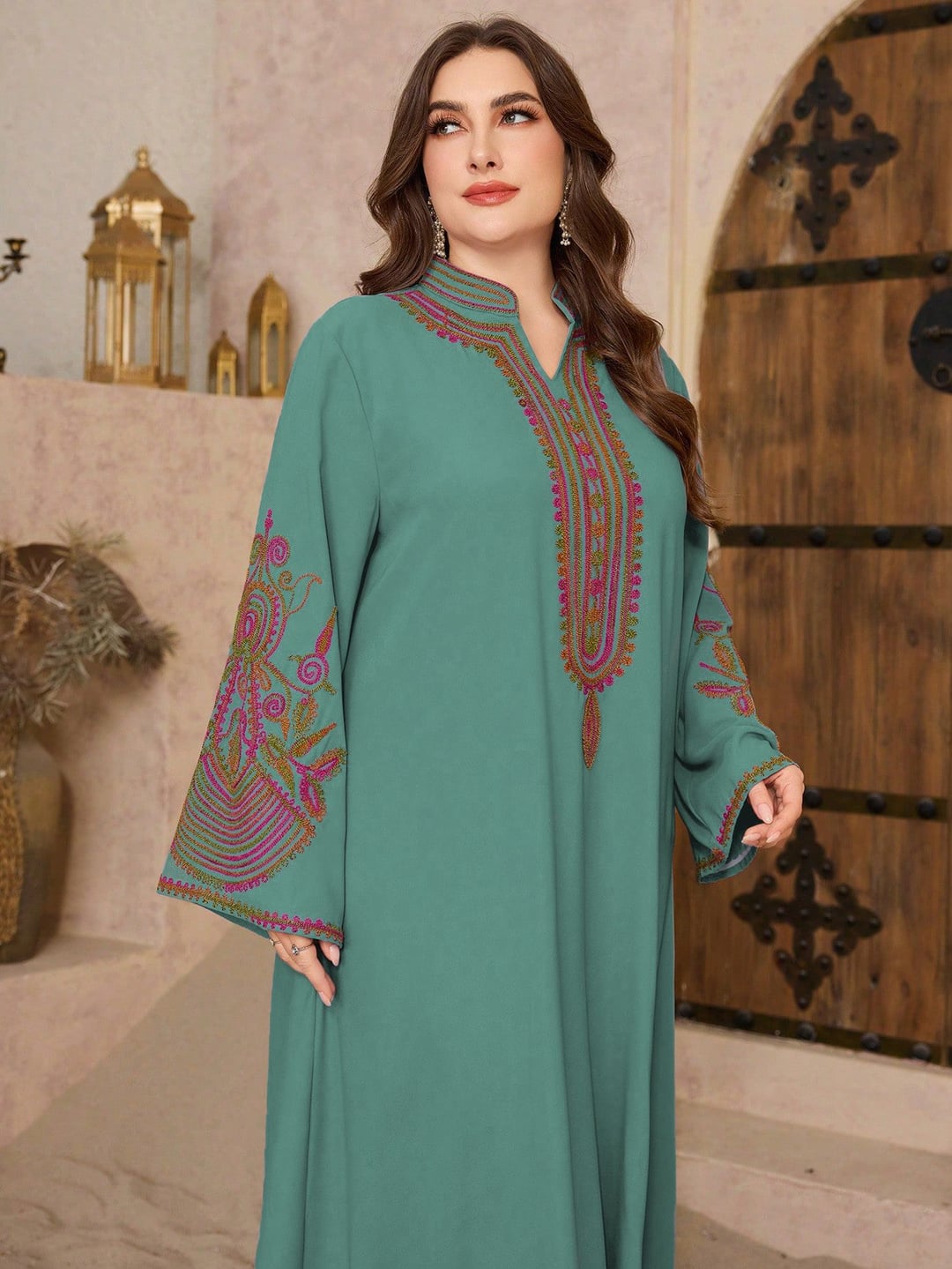 Plus size ethnic style long loose dress, small V-neck, slight satin finish