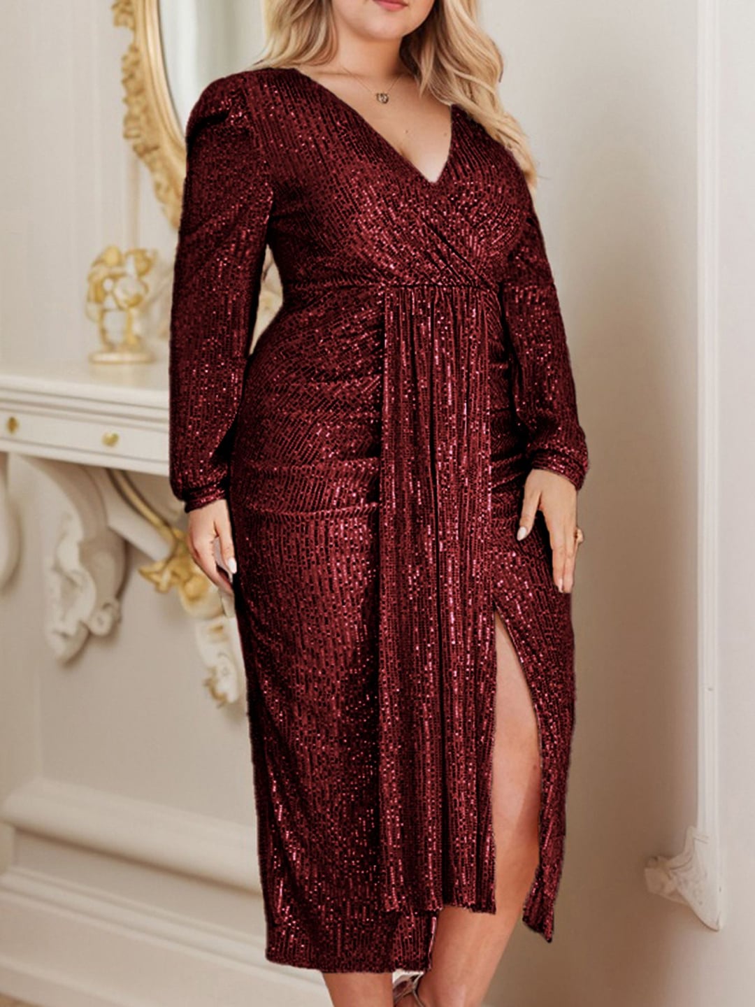 Plus Size Women V-Neck Long Sleeve Split Sequin Elegant Dress