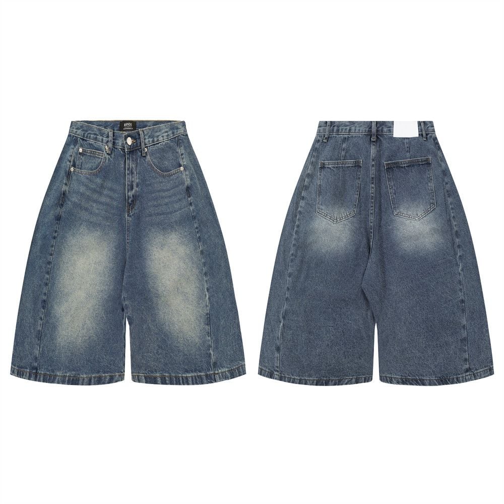 Men's Punk Washed Distressed Denim Shorts Loose Wide Leg
