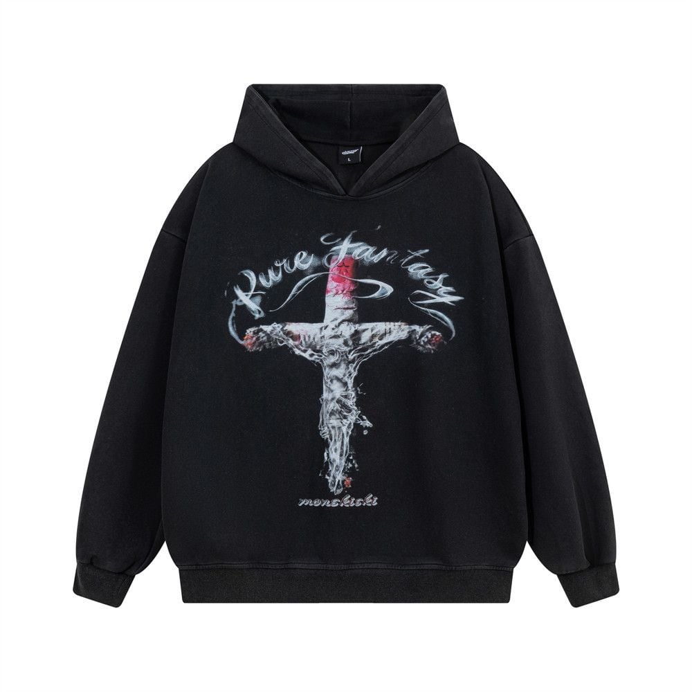 Men Creative Cross Graphic Print Pullover Hoodie, Vibe Hip‑Hop Street‑Style Loose Sweatshirt With Patch Pockets for Spring Autumn