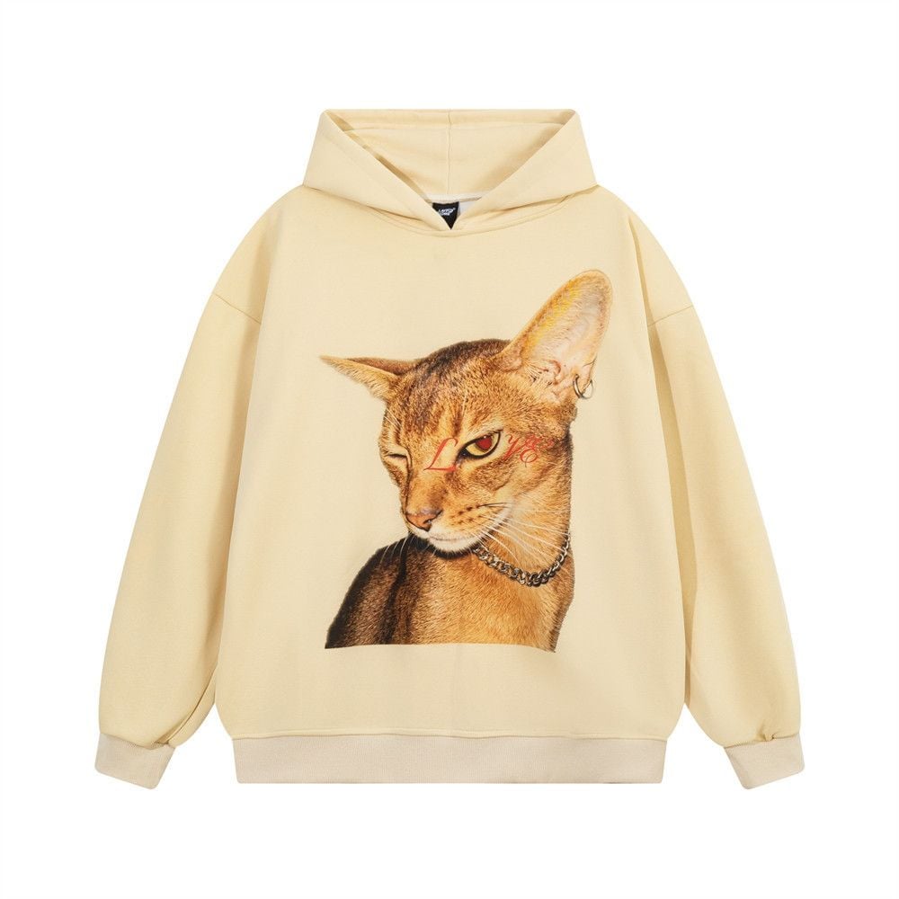 Men High‑Street Hip‑Hop Pullover Hoodie, Cool Kitty Cat Graphic Print Loose Sweatshirt With Patch Pockets for Spring Autumn