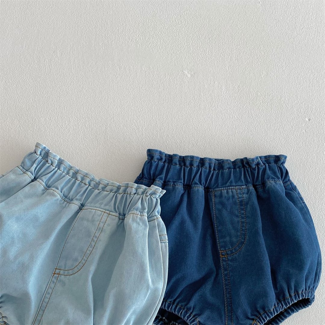 Cute Denim Bloomers, Floral Bud Design Shorts, Loose Buttock Pants for Baby Girls Summer Wear