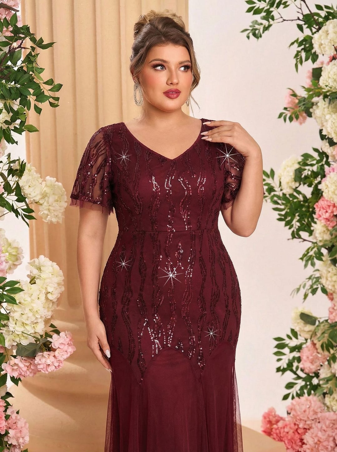 Plus Size Sequin Patchwork Mesh V-Neck Short Sleeve Evening Dress