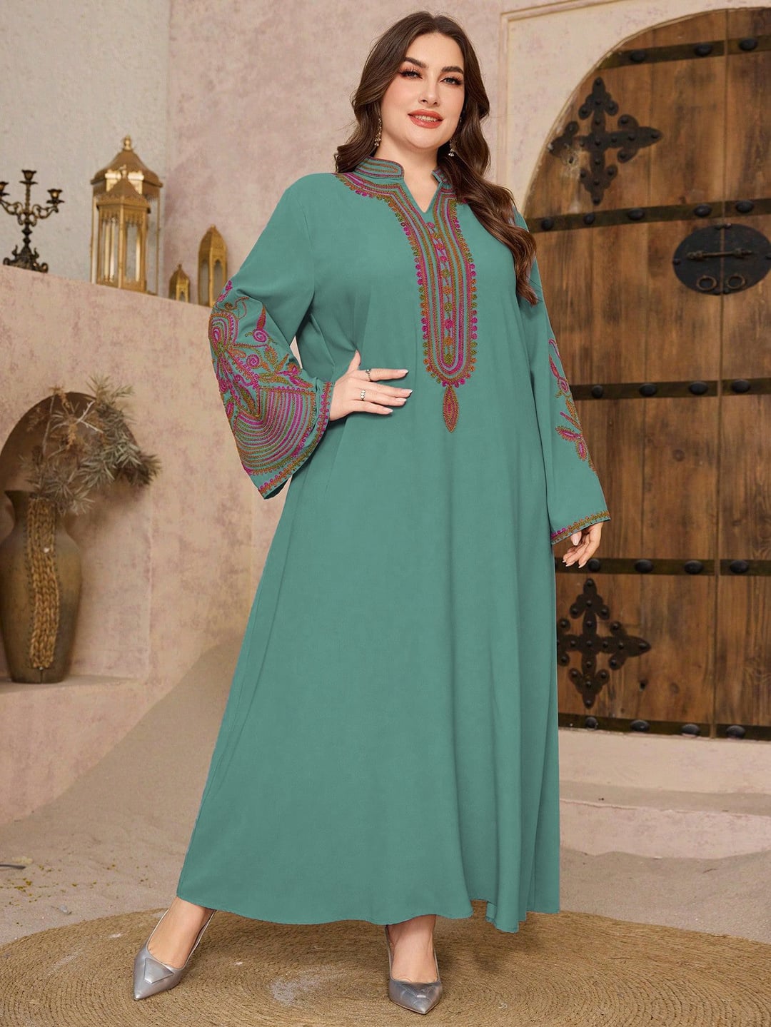 Plus size ethnic style long loose dress, small V-neck, slight satin finish