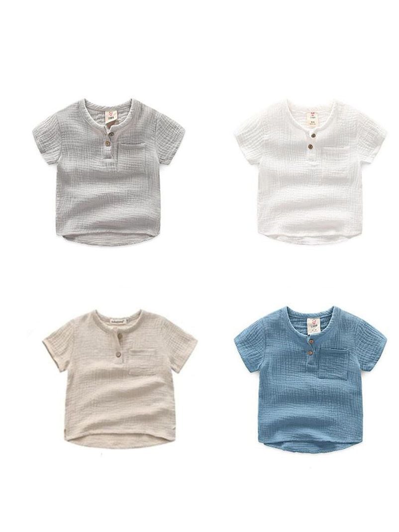 Boys Loose Short Sleeve Top, Pure Color Crew Neck Cotton T-shirt for Kids