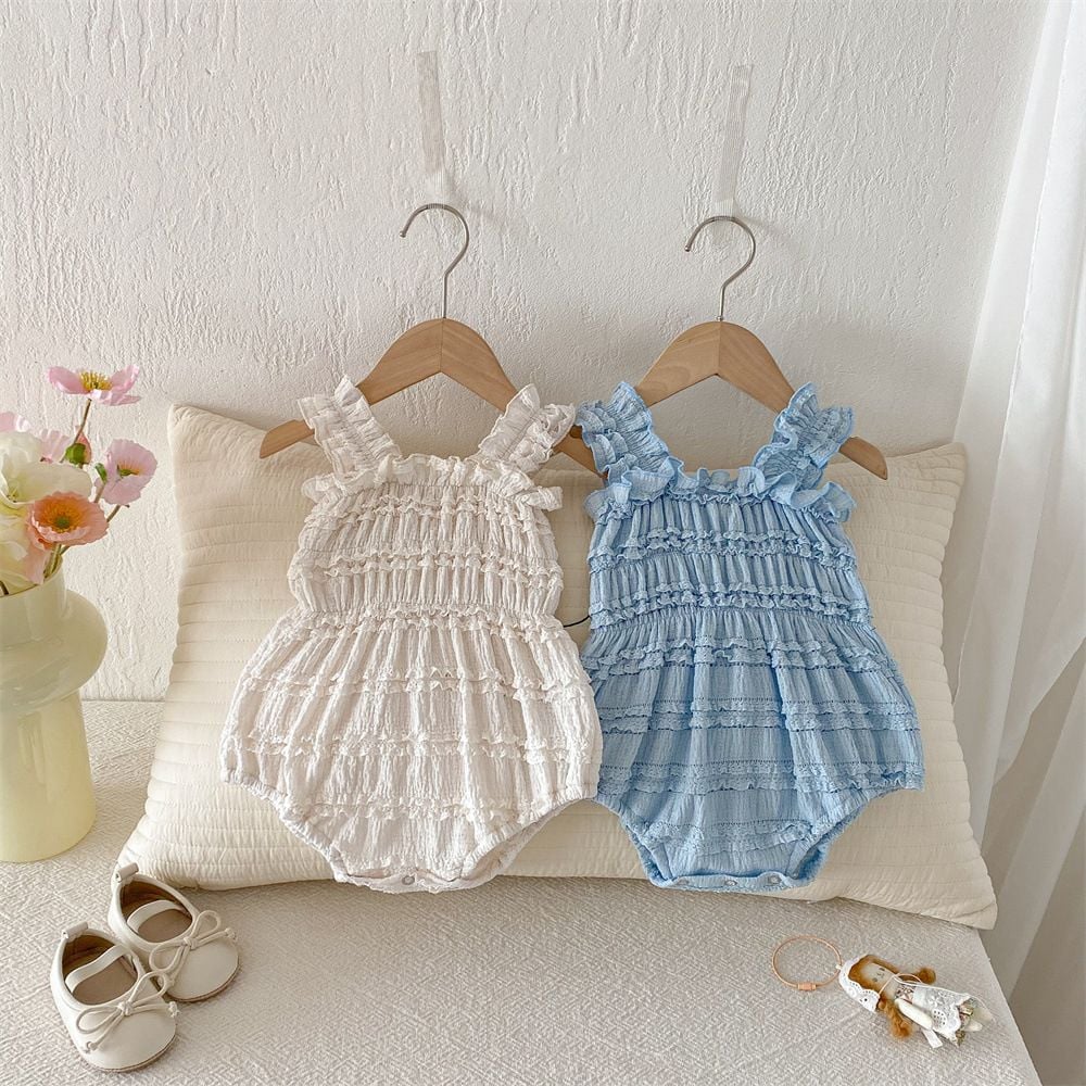 Korean Style Baby Girls Cami Romper, Lace Trim Sleeveless Bodysuit Thin Triangle Onesie for Summer