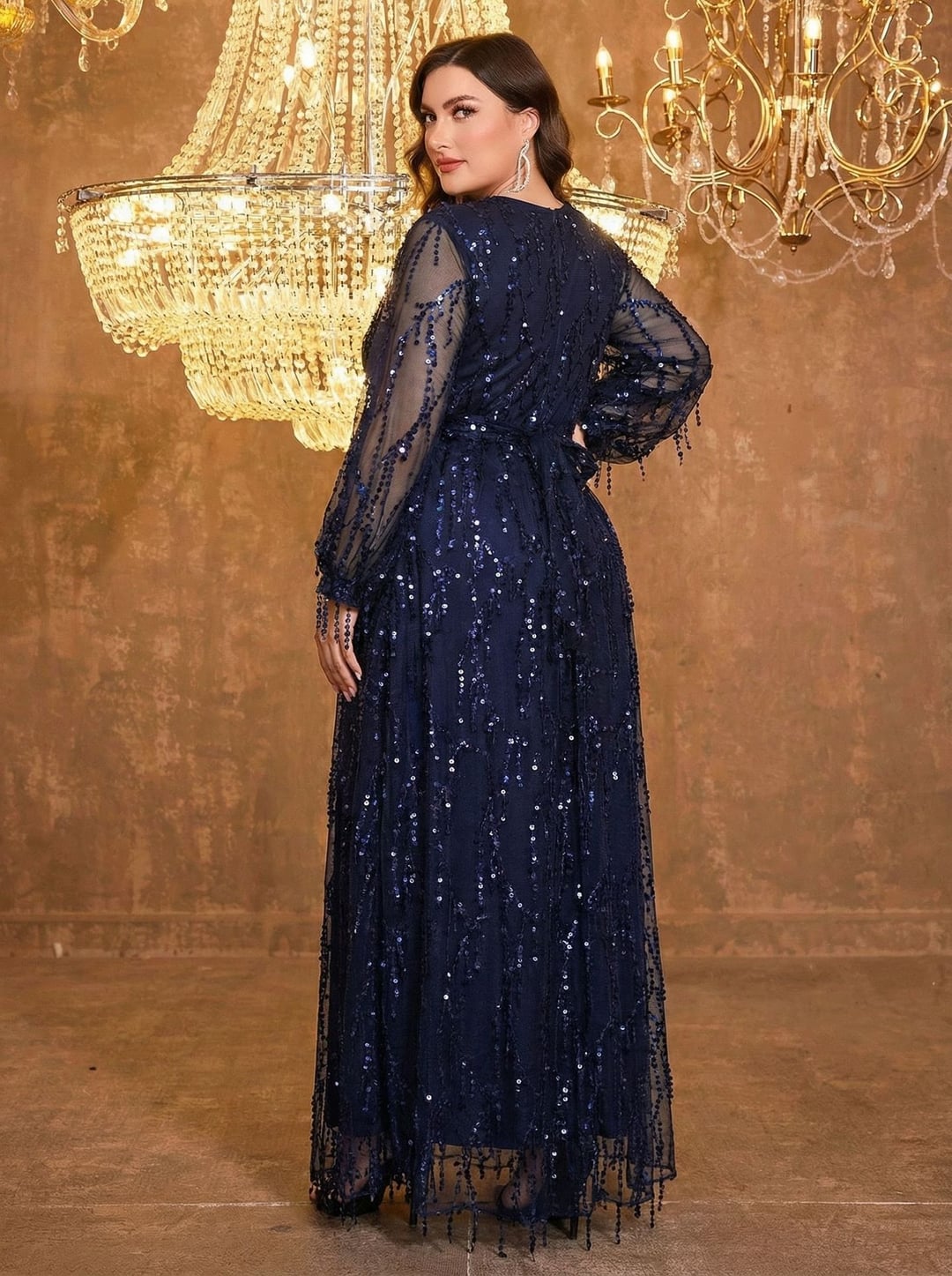 Plus Size Women Dress, European American V-Neck Long Sleeve Slit Sequin Elegant Style