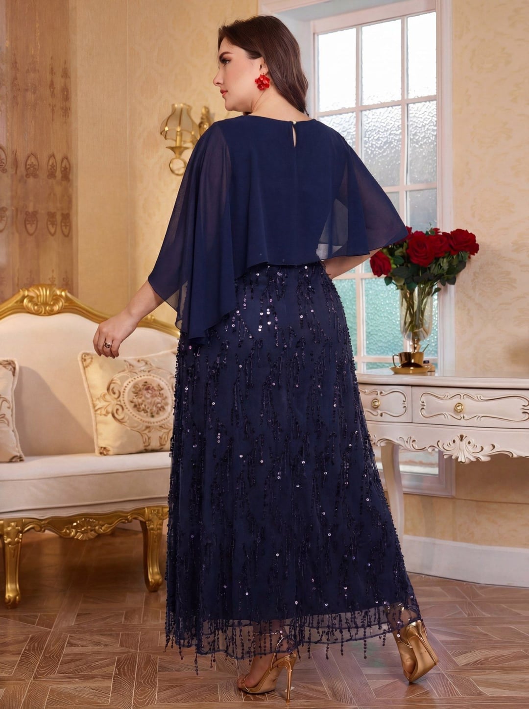 Plus Size Sequin Cami Dress With Shawl For Women