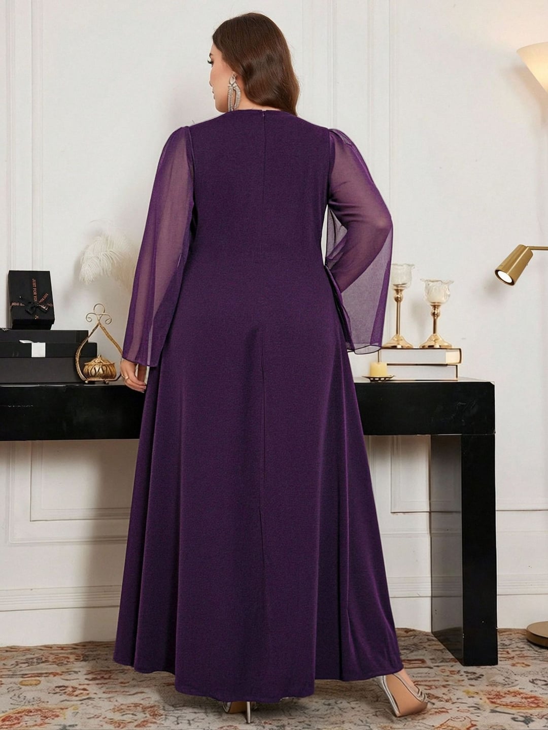 Elegant Plus Size Sequin Bridesmaid Gown, Round Neck Pearl Beaded Evening Dress