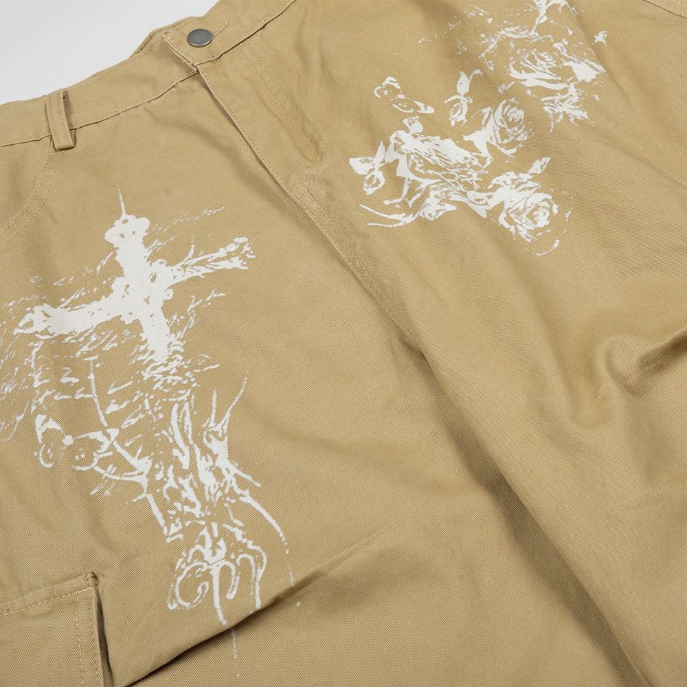 Men's American High Street Cross Printed Cargo Five-Point Shorts Summer