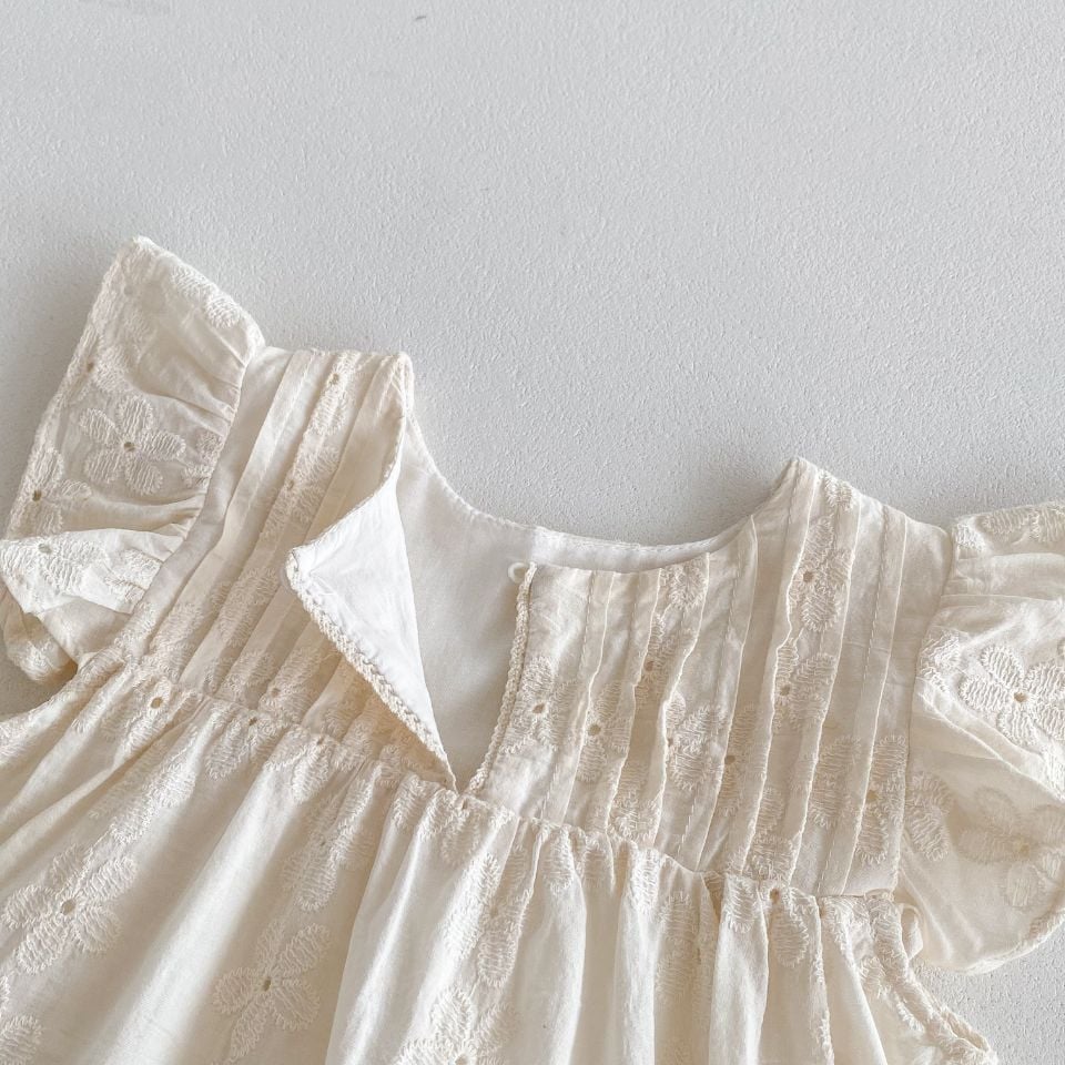 Girls Korean Princess Dress, Lace Embroidery Flutter Sleeve Dress
