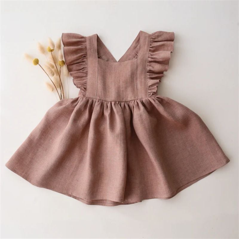 Spring & Summer Cotton Linen Baby Girls Outfit, Ruffled Princess Dress for Toddlers