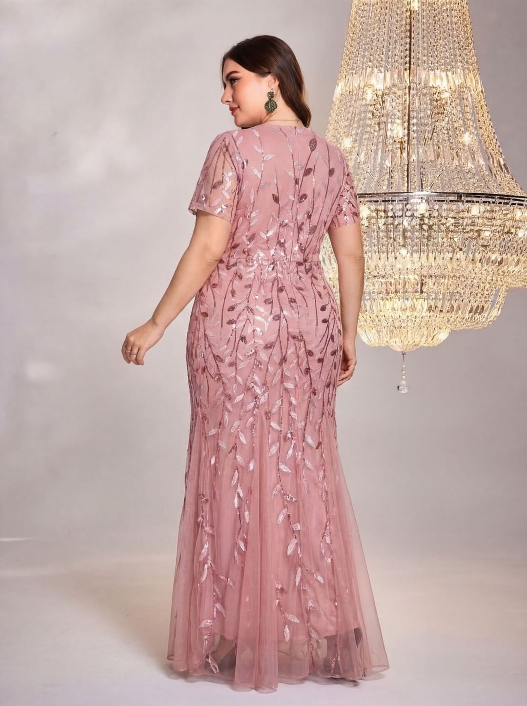 Plus Size Women Dress, European & American Style, V-neck Long Sleeve Slit Sequin Elegant Dress