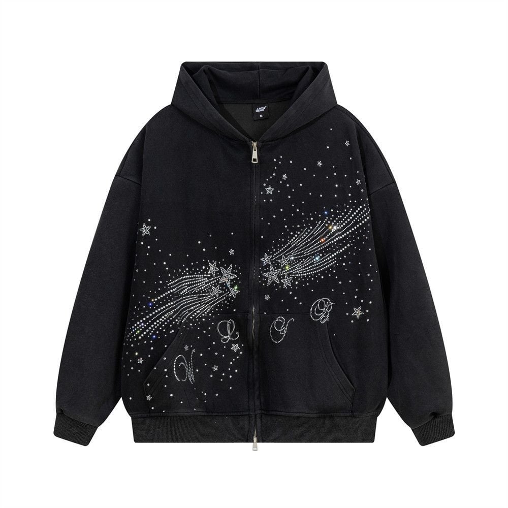 Men Starry Bling Hot‑Fix Rhinestone Hooded Zip‑Up Cardigan, Hip‑Hop Street‑Style Unique Double‑Slider Zipper Sweatshirt Jacket for Spring Autumn
