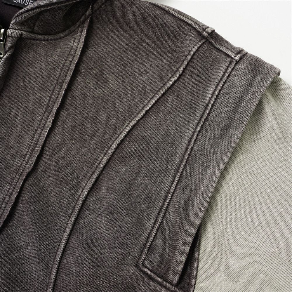 Men Wasteland Washed‑Distressed Hoodie Jacket, Punk 3D Deconstructed Faux Two‑Piece Splicing, Loose Street‑wear Outerwear for Spring & Autumn