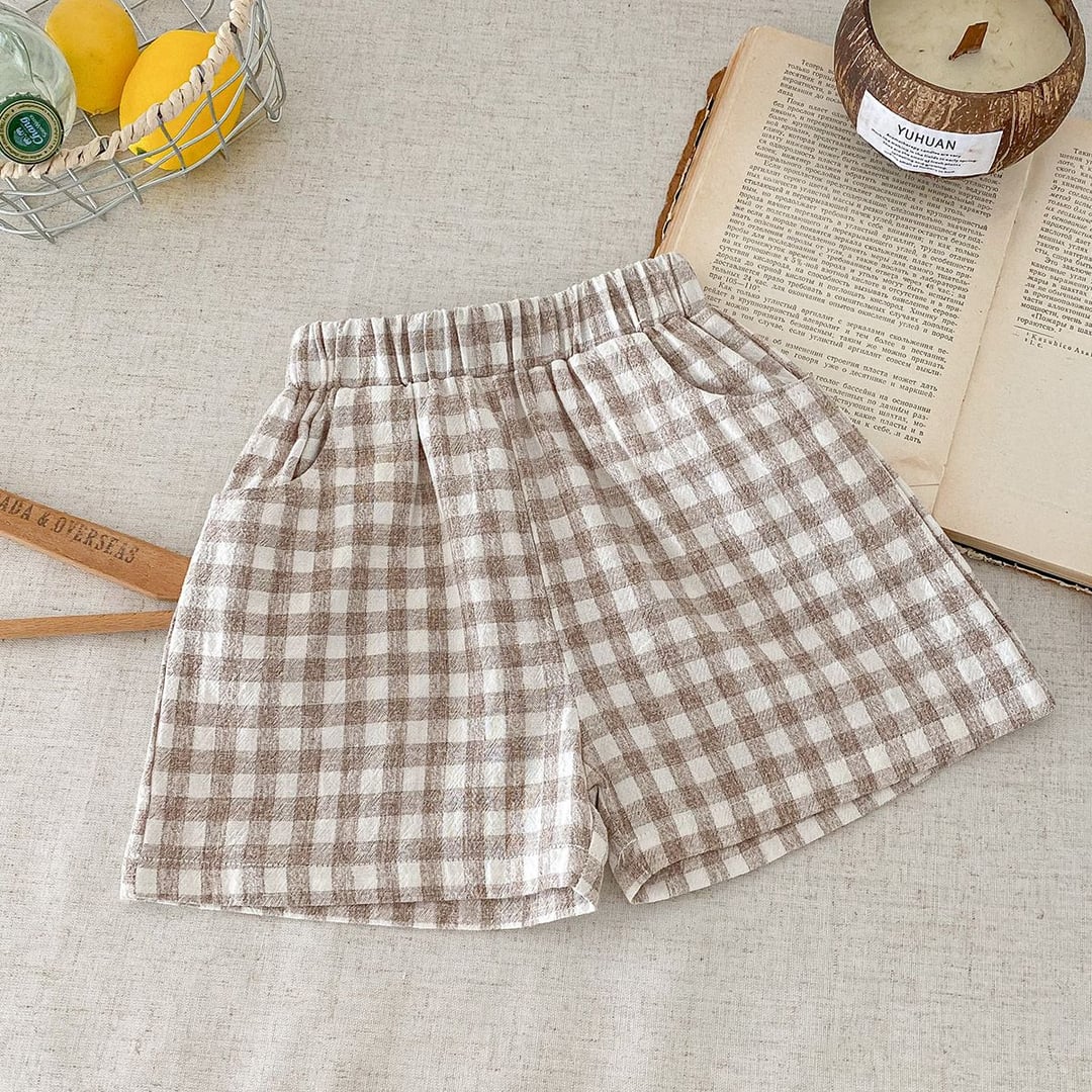 Boys Plaid Linen Cotton Shorts, Thin Breathable Casual Home Shorts for Summer