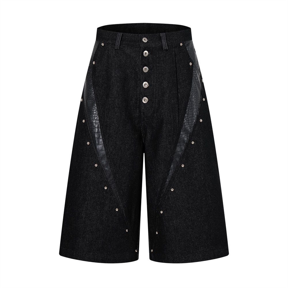 Men’s Summer Design‑Forward Denim 5‑Inch Shorts, Stud & Croc‑Embossed PU Leather Splicing, Button‑Placket Straight‑Cut High‑Street Trendy Shorts