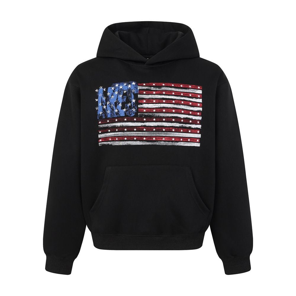 Men Vibe‑Style Pullover Hoodie, Flag‑Inspired Star & Stripe Print, Loose Western Street‑wear Sweatshirt for Spring Autumn