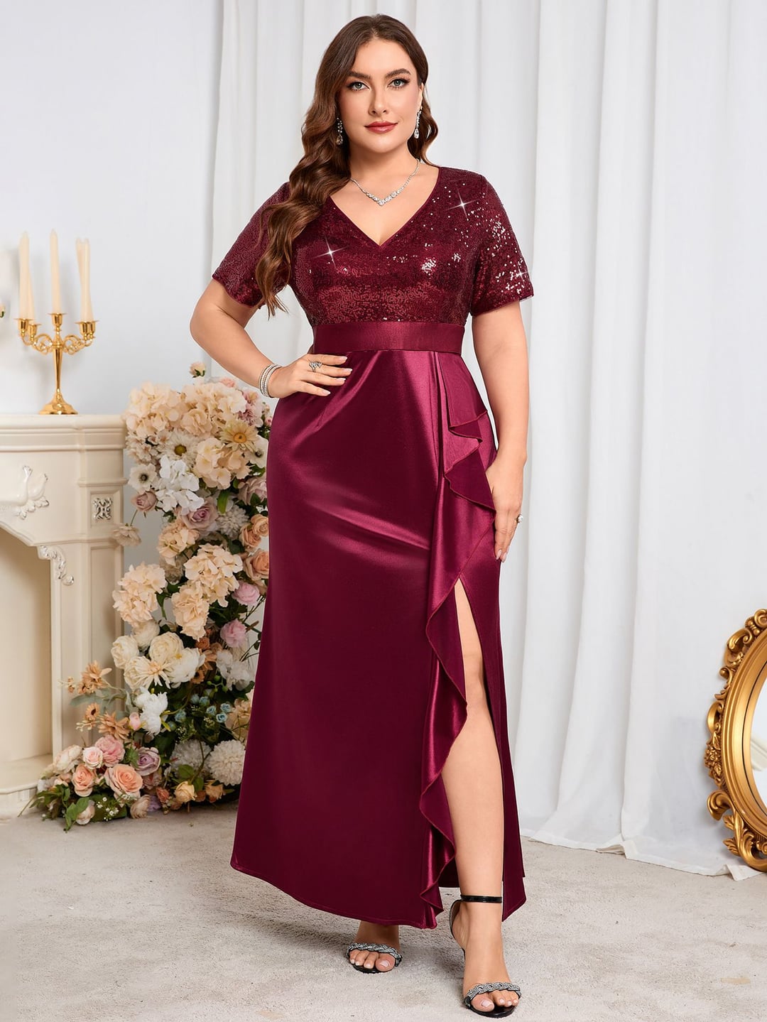 Plus Size Women V-Neck Short Sleeve Split Sequin Elegant Dress
