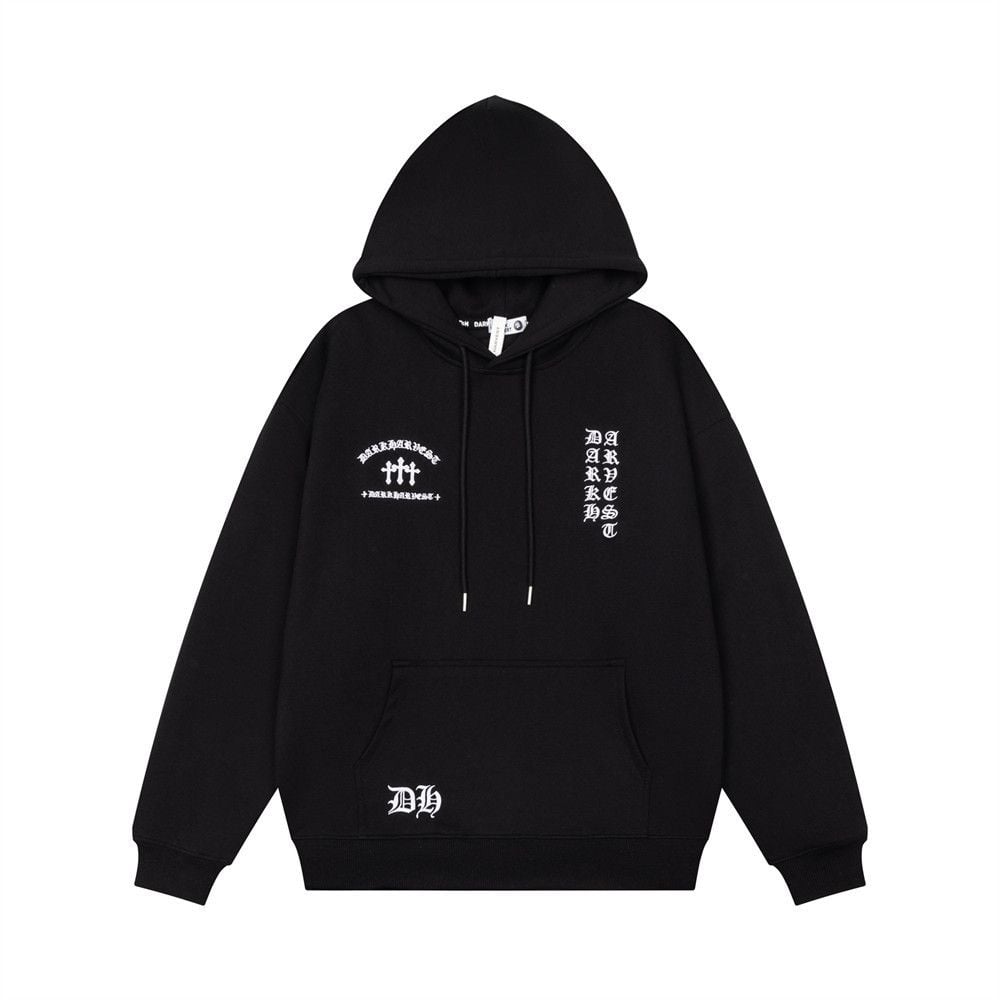 Dark Tone Cross & Sanskrit Gothic Letter Embroidered Hoodie, Men's Trendy Loose Pullover Sweatshirt Spring Autumn