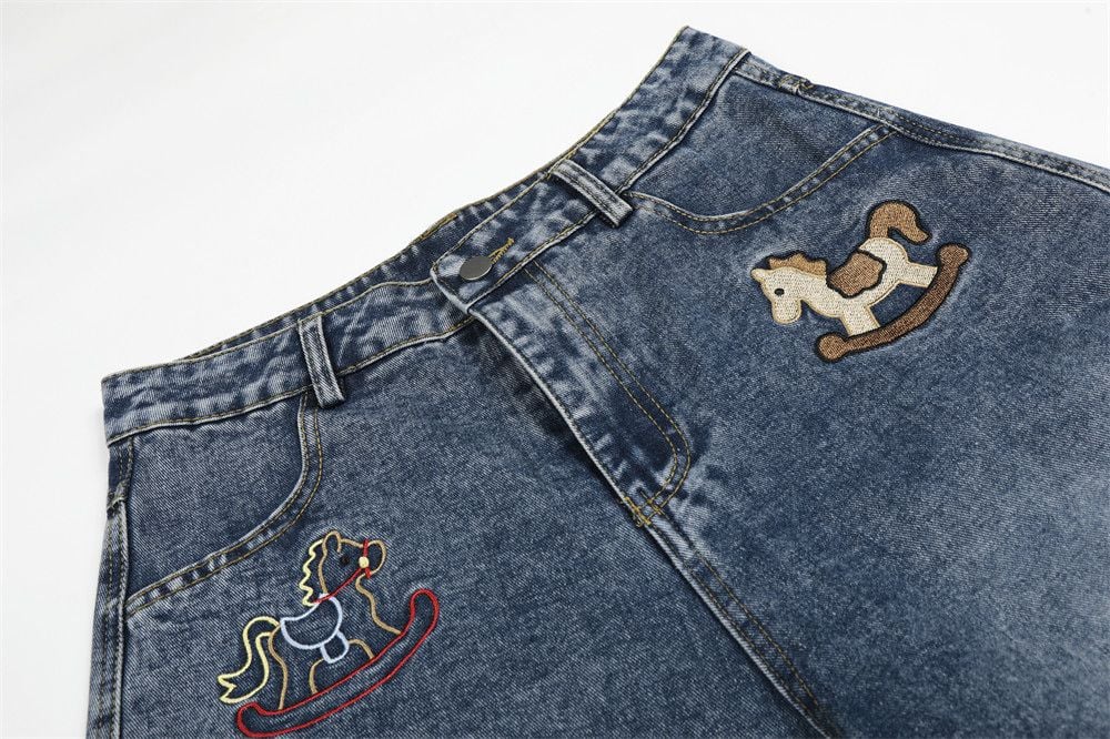 Men’s American Vintage Cartoon Carousel Horse Embroidered Denim 3/4 Shorts, Washed Distressed Cargo Loose Wide‑Leg Straight Pants