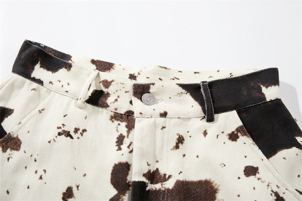 Men's Color Block Cow Print Tie-dye Camo Denim Seven-Point Pants Loose Summer Men's Wear