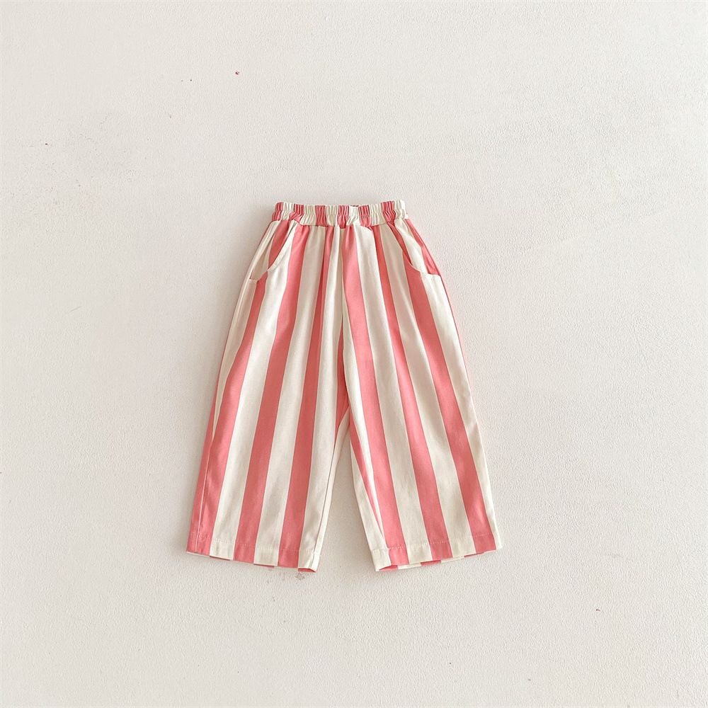 Spring Summer Cotton Striped Pants for Kids, Boys Girls Loose Straight Leg Casual Trousers with Pockets