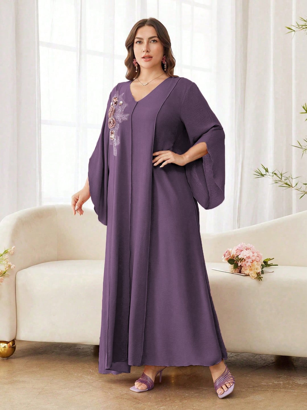 Plus Size Women Ethnic Style Loose Long Dress, V Neck