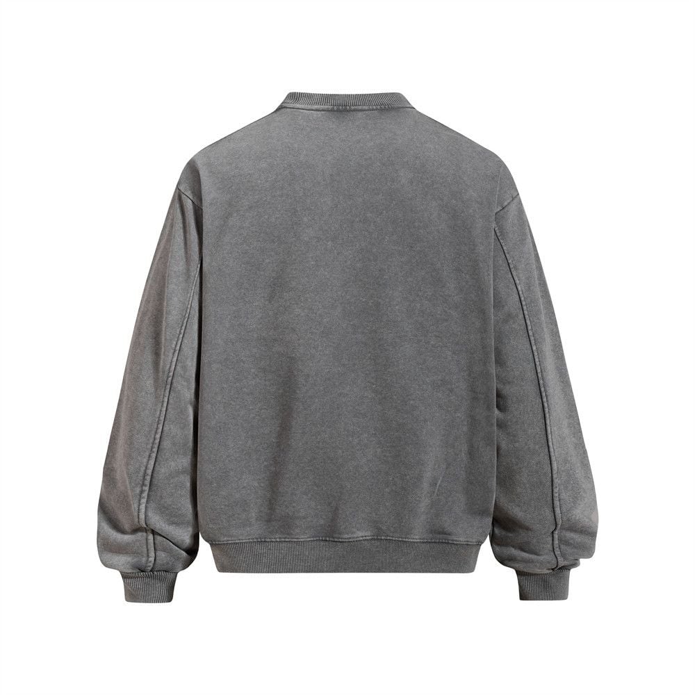 Men Vintage Street‑Wear Crew Neck Sweatshirt, Heavyweight 400G Washed Marble‑Dye with Distressed Puppy Animal Print, Loose Casual Pullover for Spring Autumn