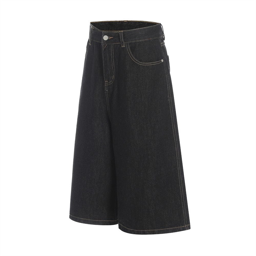 Men’s Summer Denim Mid‑Length Shorts, Firework & Letter Embroidery, Streetwear Brand Style, Washed Loose Casual Straight Wide‑Leg Jeans Shorts
