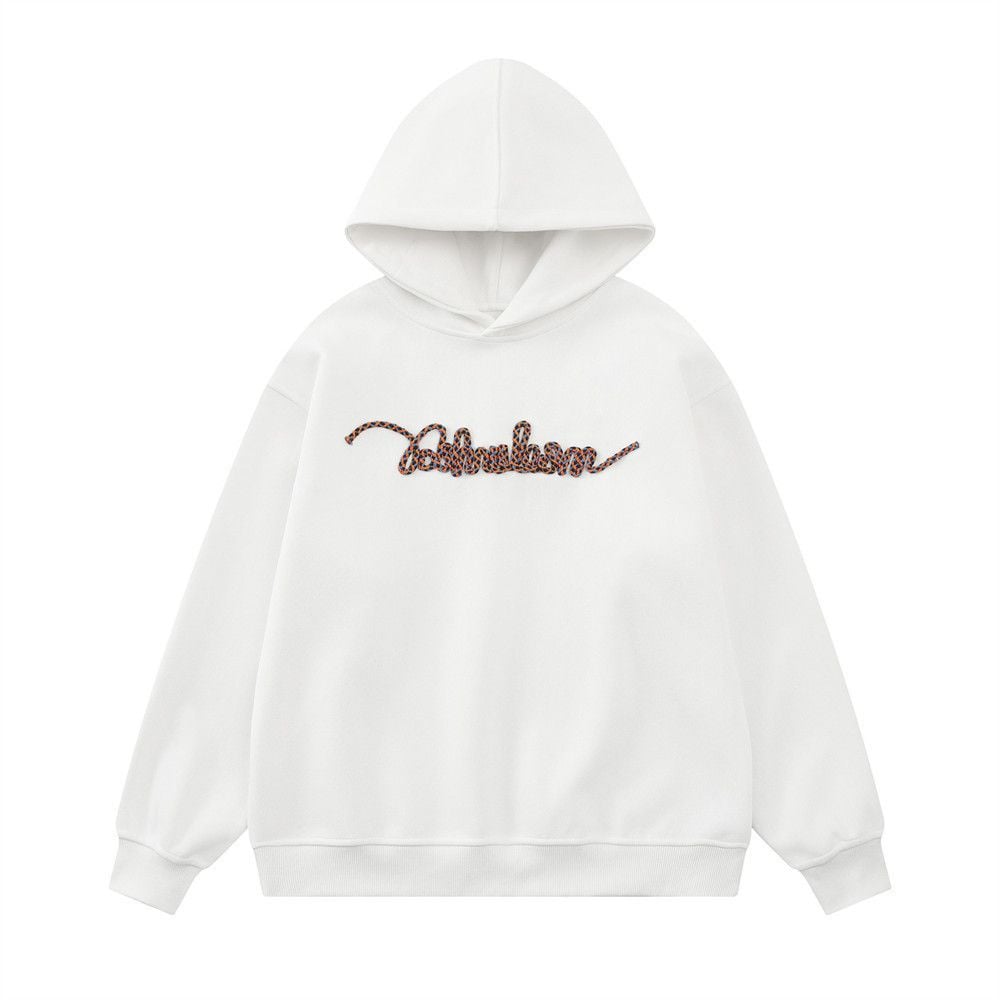 Men Blue Casual Pullover Hoodie, Woven Letter Graphic Design, Loose Vibe Street‑style Sweatshirt for Spring and Autumn