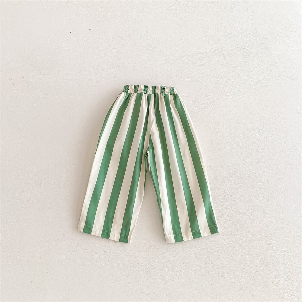 Spring Summer Cotton Striped Pants for Kids, Boys Girls Loose Straight Leg Casual Trousers with Pockets