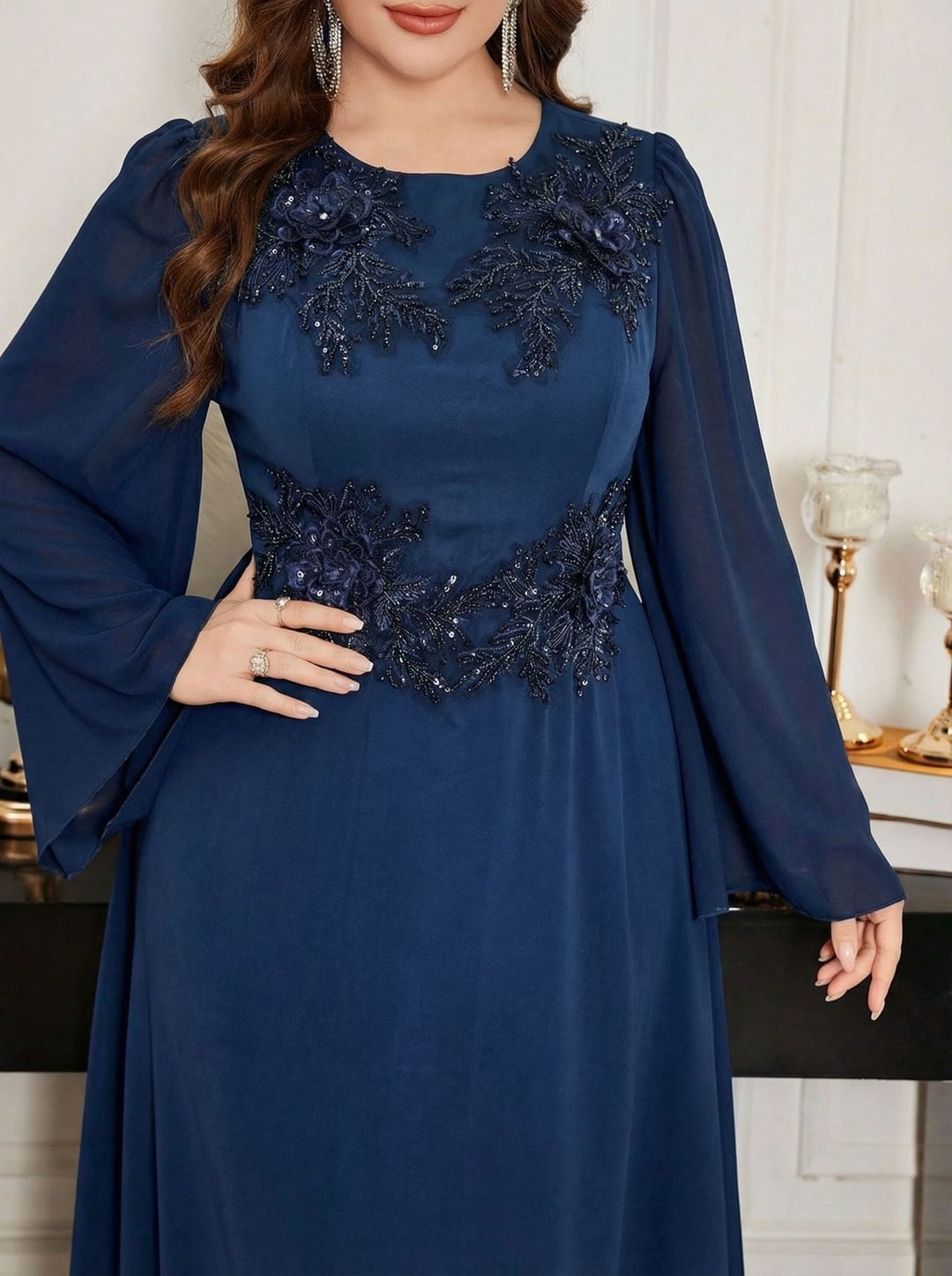Elegant Plus Size Sequin Bridesmaid Gown, Round Neck Pearl Beaded Evening Dress