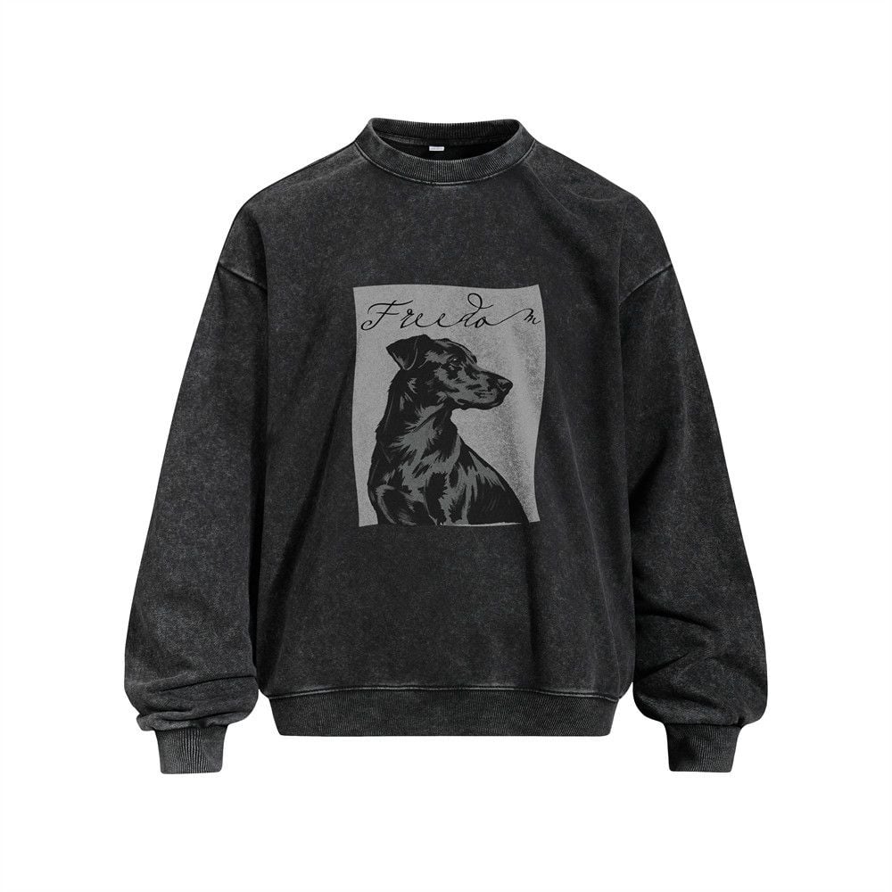 Men Vintage Street‑Wear Crew Neck Sweatshirt, Heavyweight 400G Washed Marble‑Dye with Distressed Puppy Animal Print, Loose Casual Pullover for Spring Autumn