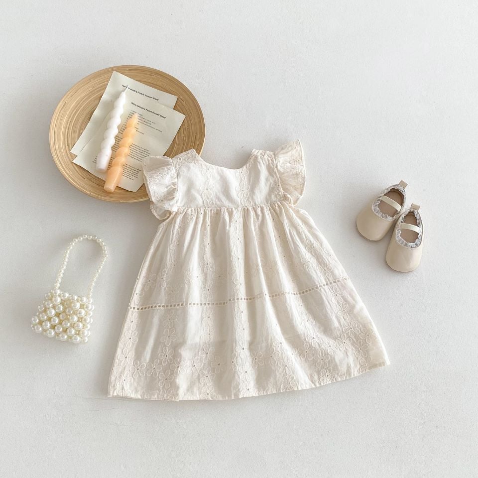 Girls Korean Princess Dress, Lace Embroidery Flutter Sleeve Dress