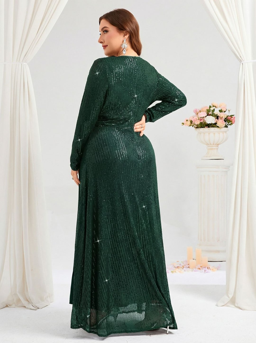 Plus Size European & American Style Evening Dress, V-Neck Long Sleeve Slit Sequin Elegant Gown