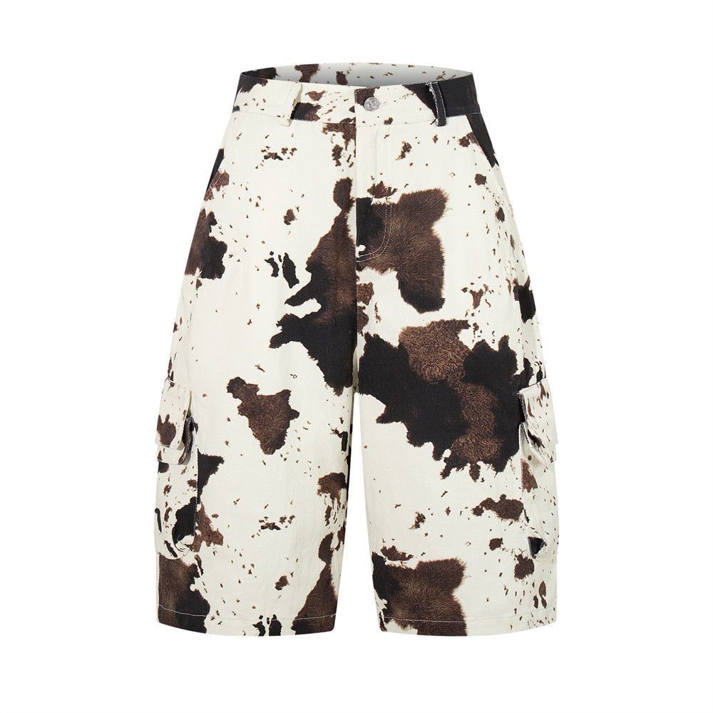 Men's Color Block Cow Print Tie-dye Camo Denim Seven-Point Pants Loose Summer Men's Wear