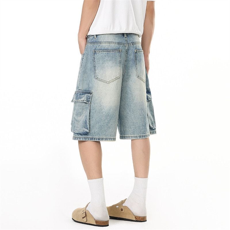 Men's American Vintage Washed Denim Cargo Shorts, Loose Casual Fit