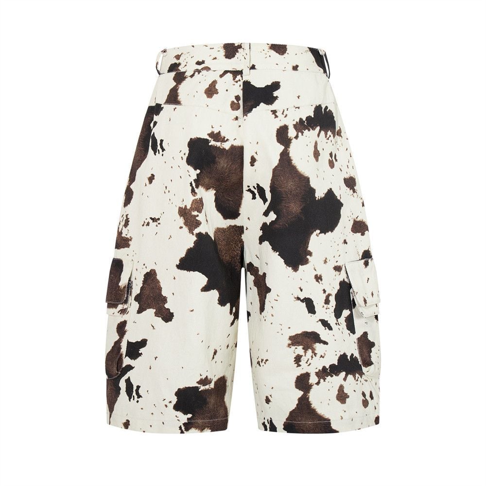 Men's Color Block Cow Print Tie-dye Camo Denim Seven-Point Pants Loose Summer Men's Wear