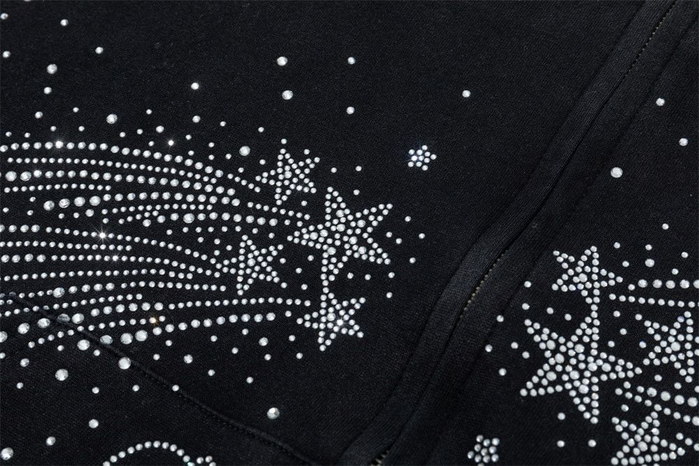 Men Starry Bling Hot‑Fix Rhinestone Hooded Zip‑Up Cardigan, Hip‑Hop Street‑Style Unique Double‑Slider Zipper Sweatshirt Jacket for Spring Autumn